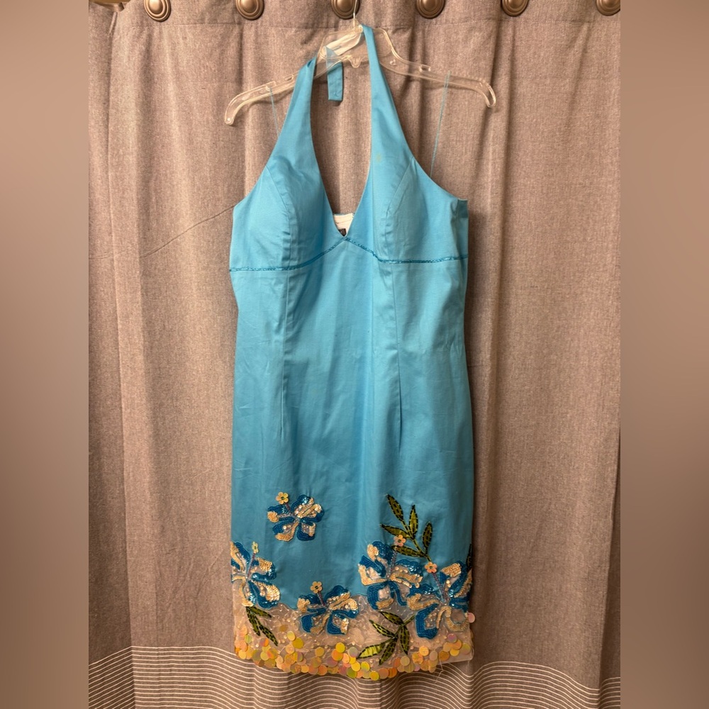 Halter Dress-Aqua Blue With A  Floral Sequin Embroidery Bottom By Muse Size 14
